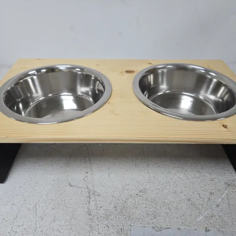 TWO-BOWL STAINLESS STEEL PET FEEDING STATION ON WOODEN STAND
