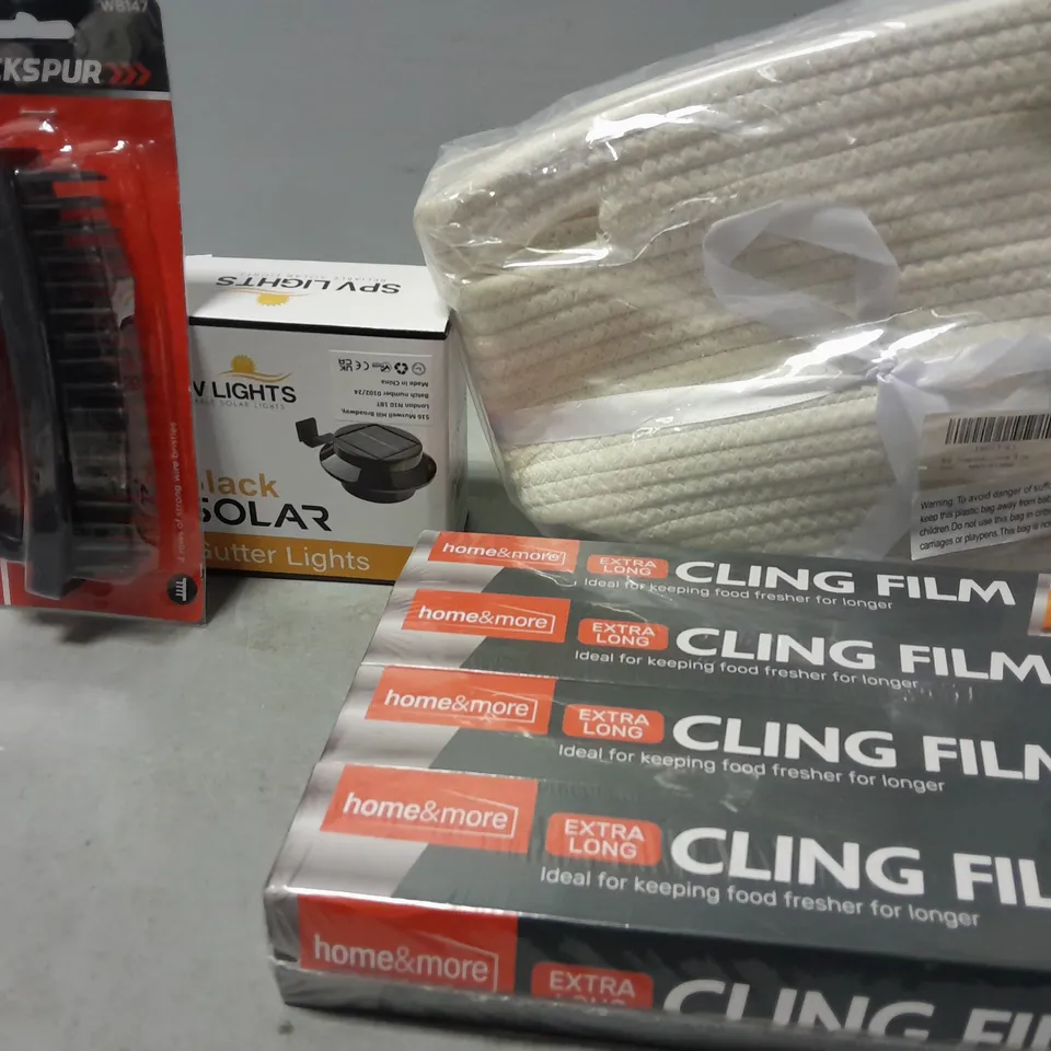 BOX OF APPROXIMATELY 8 ASSORTED ITEMS TO INCLUDE -  CLING FILM , BLACK SOLAR , BLACKSPUR WIRE BRUSH ETC