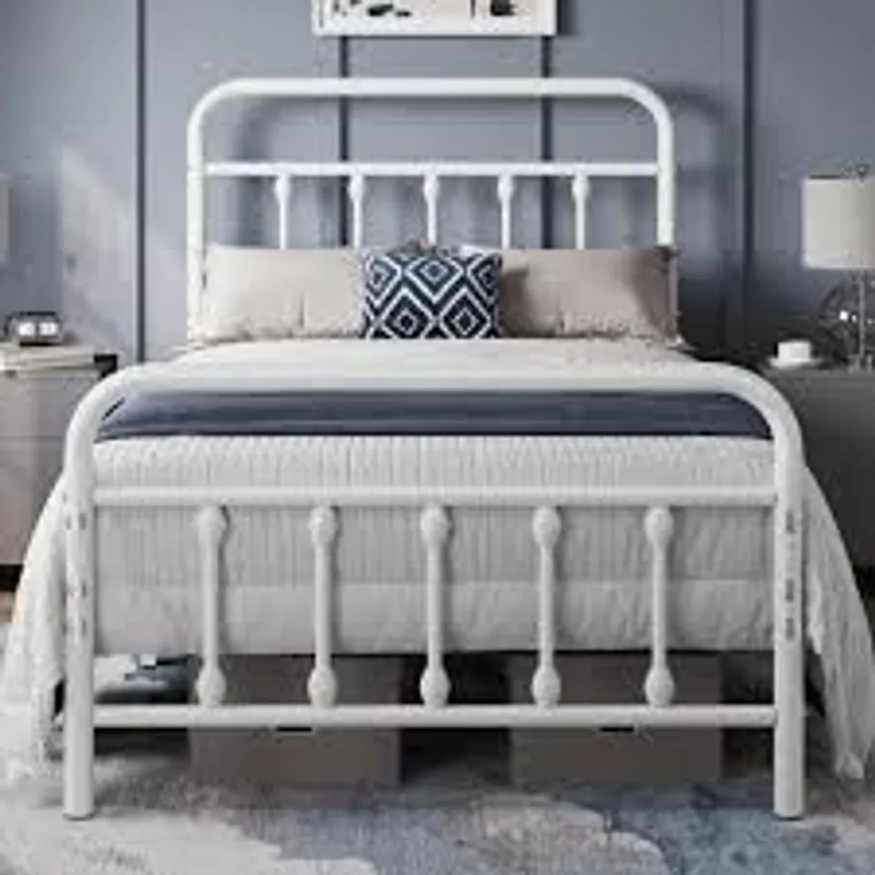BOXED SINGLE METAL BED FRAME WITH VINTAGE HEADBOARD - WHITE