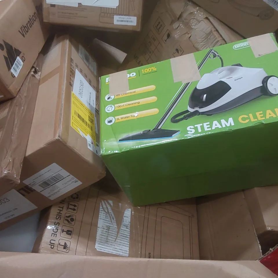 PALLET CONTAINING A LARGE QUANTITY OF ASSORTED ITEMS INCLUDING: STEAM CLEANERS, VIBRATION POWER PLATE, ESPRESSO COFFEE MAKER ECT