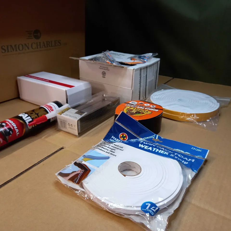 LOT OF APPROX 20 ASSORTED HOUSEHOL/DIY RELATED ITEMS TO INCLUDE: PACKAGED LASER TRAK EARPLUGS, GORILLA TAPE, FOAM WEATHER STIP