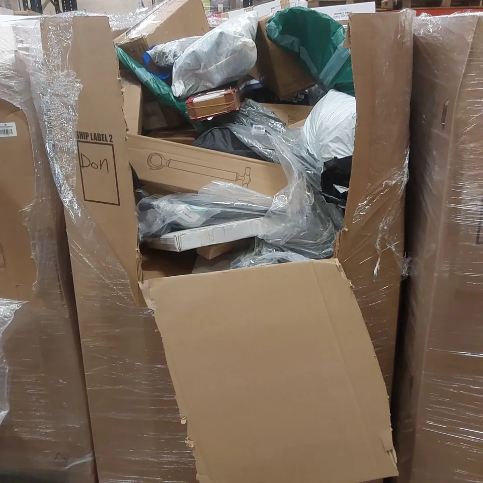 PALLET OF ASSORTED HOUSEHOLD ITEMS AND CONSUMER PRODUCTS TO INCLUDE; YETI ROADIE 24 COOLER BOX, FOLDING FOOTBALL GOAL, TENNIS RACKETS, POOL STICK PARTS ETC