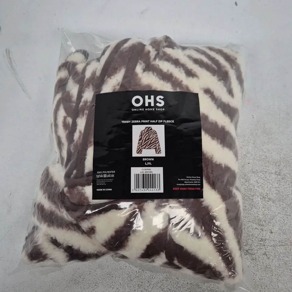 bagged ohs Teddy Zebra Print Half Zip Fleece – Brown, Size L/XL