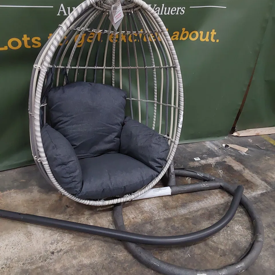 DESIGNER GREY RATTAN EFFECT HANGING EGG CHAIR