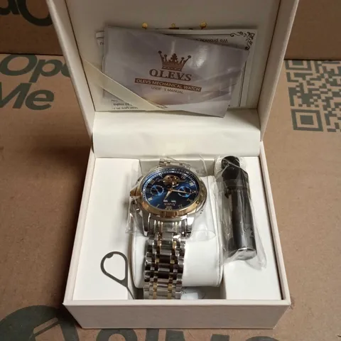 OLEVS MECHANICAL WATCH – BLUE DIAL, STAINLESS STEEL BRACELET, BOXED