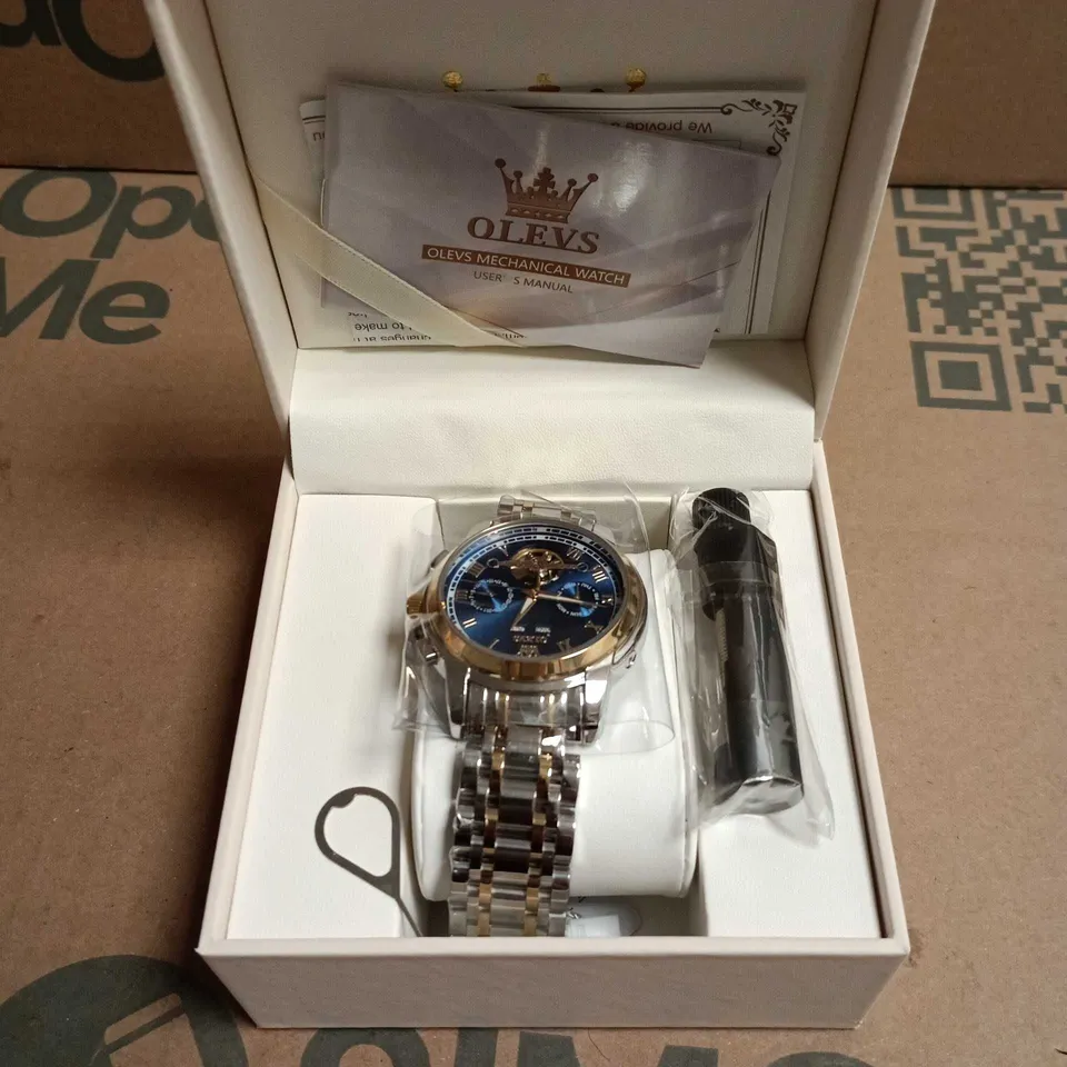 OLEVS MECHANICAL WATCH – BLUE DIAL, STAINLESS STEEL BRACELET, BOXED 