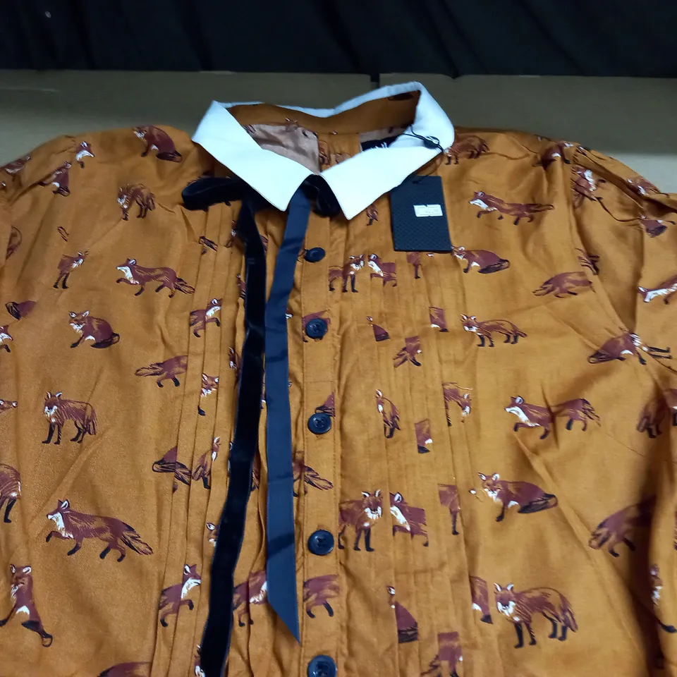 LOT OF 3 FOX THEMED BUTTON DETAIL DRESSES IN BROWN - VARIOUS SIZES