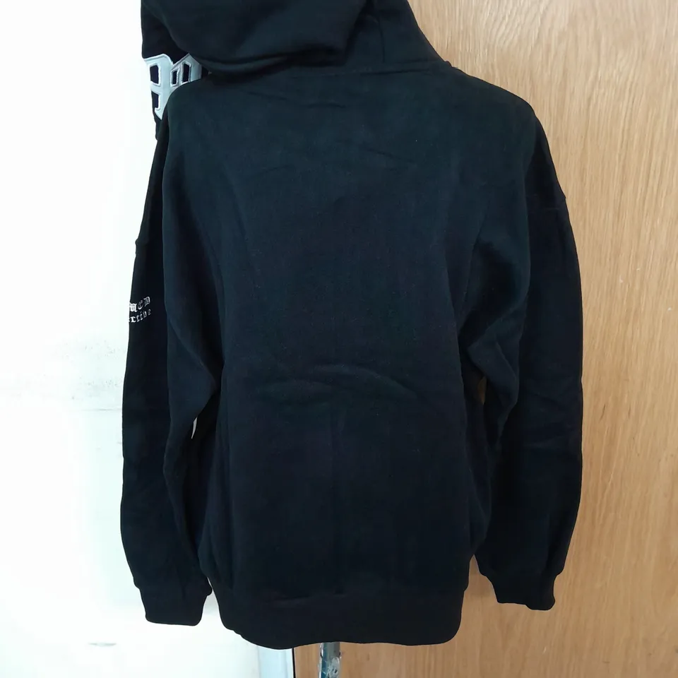 NAMED COLLECTIVE FULL ZIP EMBROIDERED AND RHINESTONED HOODIE IN BLACK WHITE AND RED SIZE S/M