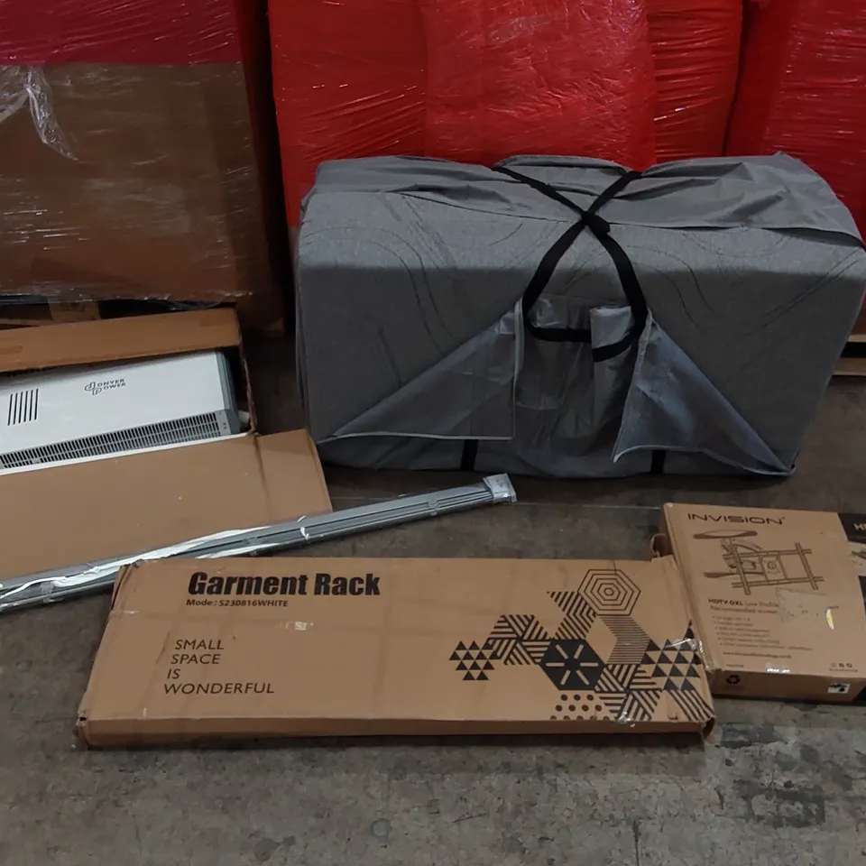 PALLET OF ASSORTED ITEMS INCLUDING: FOLDING MATTRESS, HEATER, BLINDS, GARMENT RACK, TV MOUNT