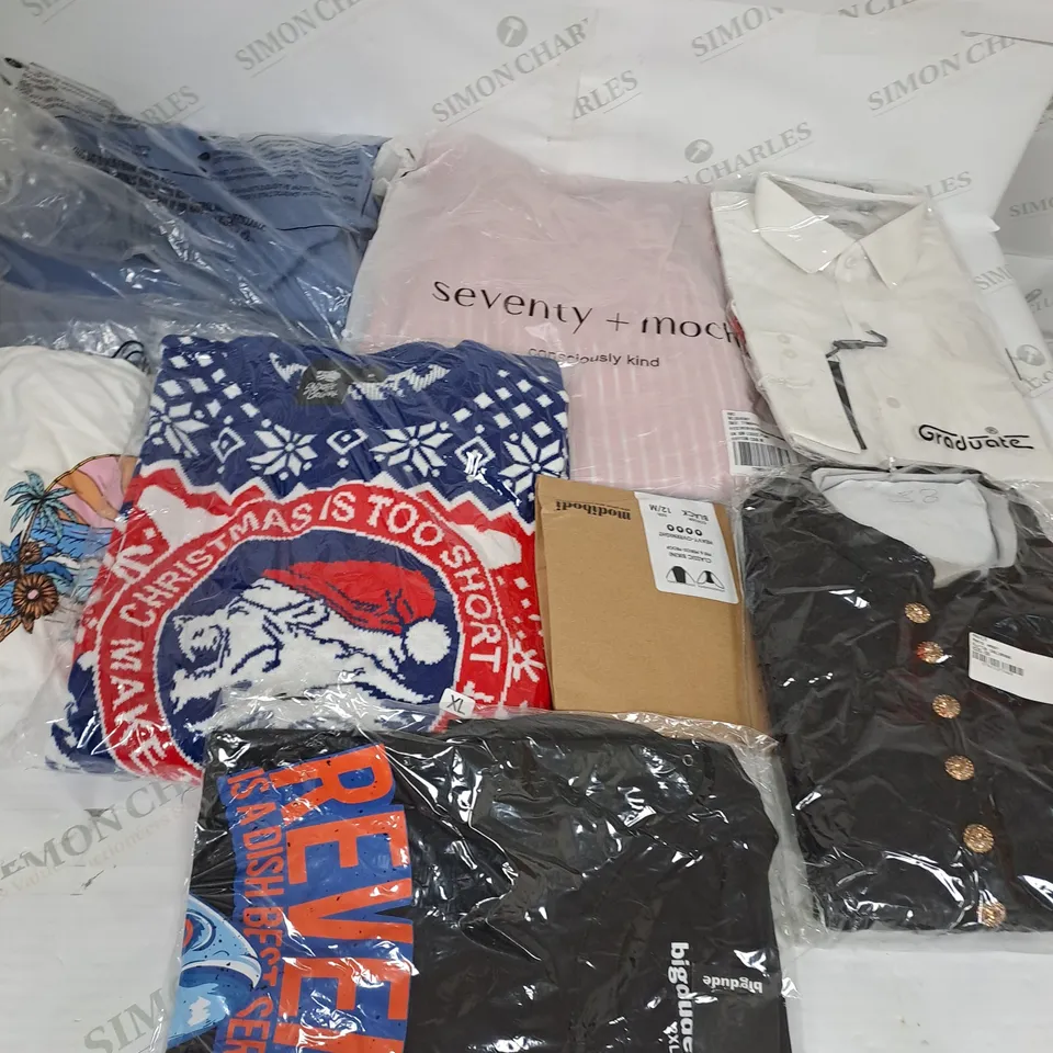 LARGE BOX OF ASSORTED CLOTHING ITEMS IN VARIOUS COLOURS AND SIZES INCLUDING TROUSERS , TOPS AND JUMPERS 