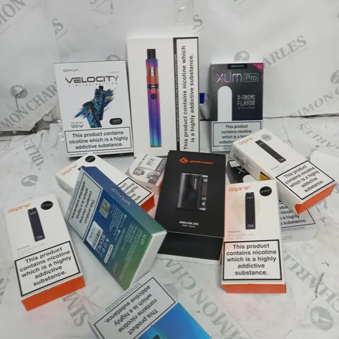 BOX OF APPROXIMATELY 10 ASSORTED E-CIG PRODUCTS TO INCLUDE ASPIRE, OXVA, ENDURA ETC