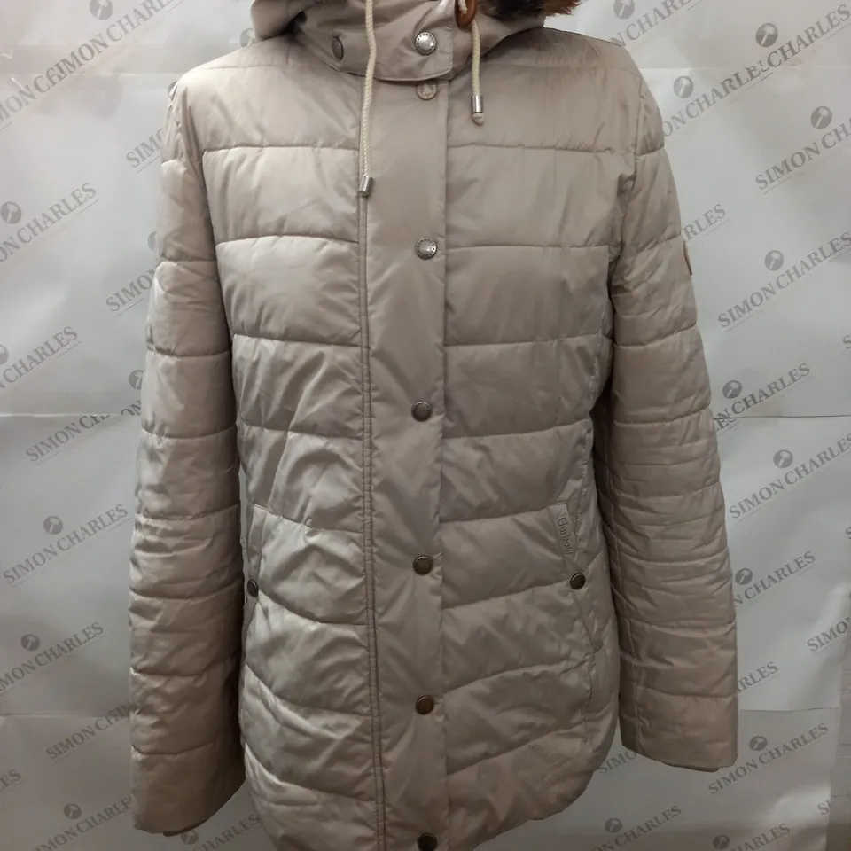 BARBOUR FIBERDOWN HOODED JACKET IN CREAM - UK 12