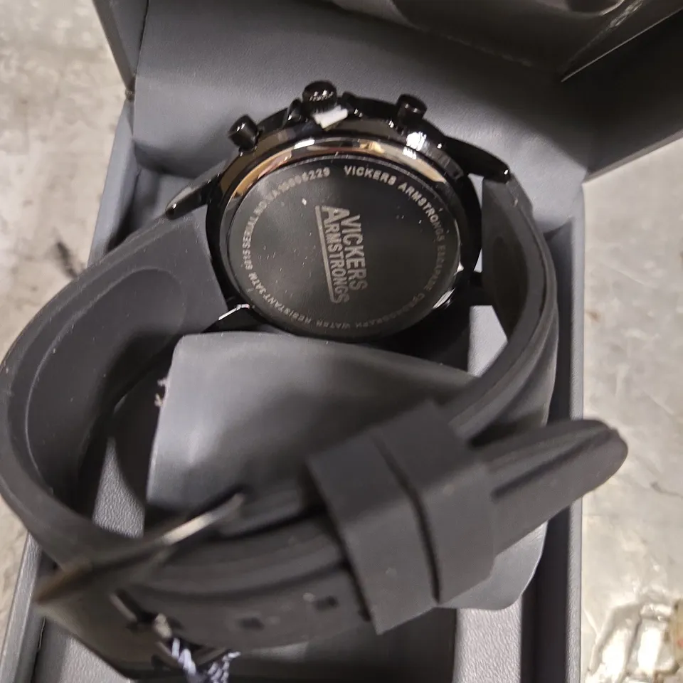 BOXED VICKERS ARMSTRONGS ESCAPADE BLACK DIAL WATCH 