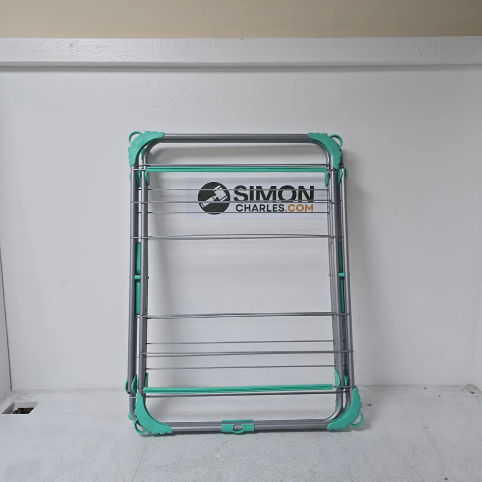 FOLDABLE CLOTHES AIRER WITH TEAL CORNERS – INDOOR DRYING RACK UNBOXED