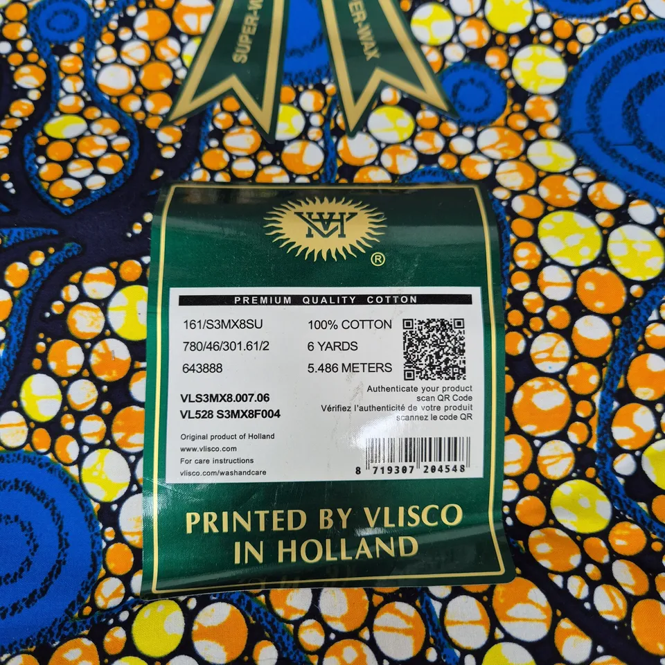 VLISCO PREMIUM SUPER-WAX COTTON FABRIC – 6 YARDS, BLUE &ORANGE PRINT, PRINTED IN HOLLAND