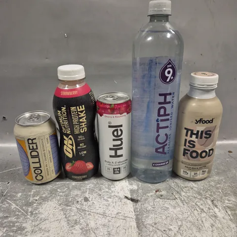 APPROXIMATELY 10 ASSORTED DRINKING PRODUCTS TO INCLUDE IONISED WATER, HUEL, YFOOD COFFEE BREW ETC