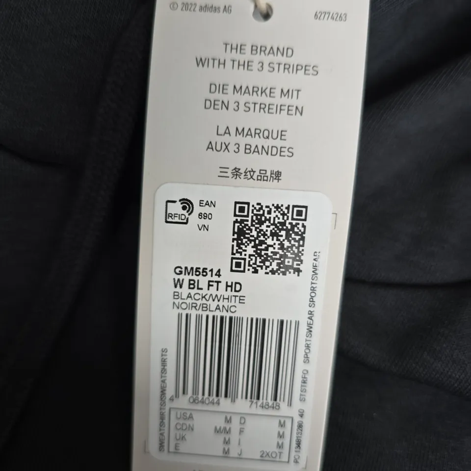 ADIDAS HOODIE – BLACK WITH WHITE LOGO, SIZE M