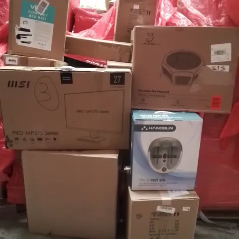 PALLET CONTAINING VARIOUS ASSORTED BOXED HOUSEHOLD ITEMS TO INCLUDE: FOOT SPA, 27" MP275 PC MONITOR, PET PLAYPEN, AND LOTS MORE UNMARKED BOXED ITEMS