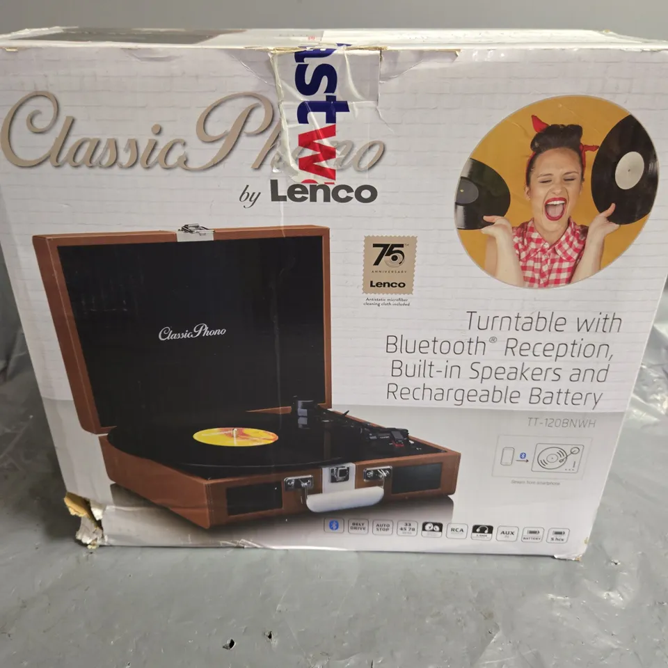 LENCO CLASSIC PHONO TURNTABLE WITH BLUETOOTH RECEPTION, BUILT-IN SPEAKERS AND RECHARGEABLE BATTERY