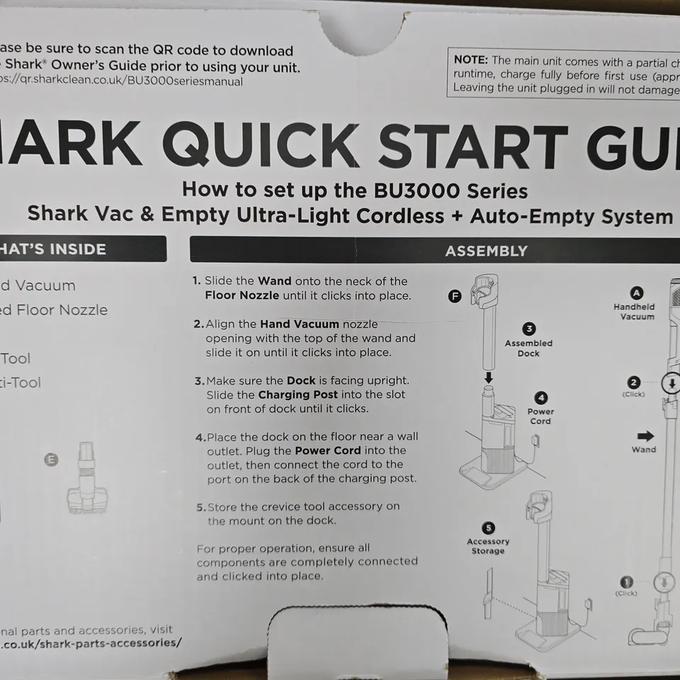 SHARK BU3000 SERIES CORDLESS VACUUM WITH AUTO-EMPTY DOCK – COMPONENTS SHOWN