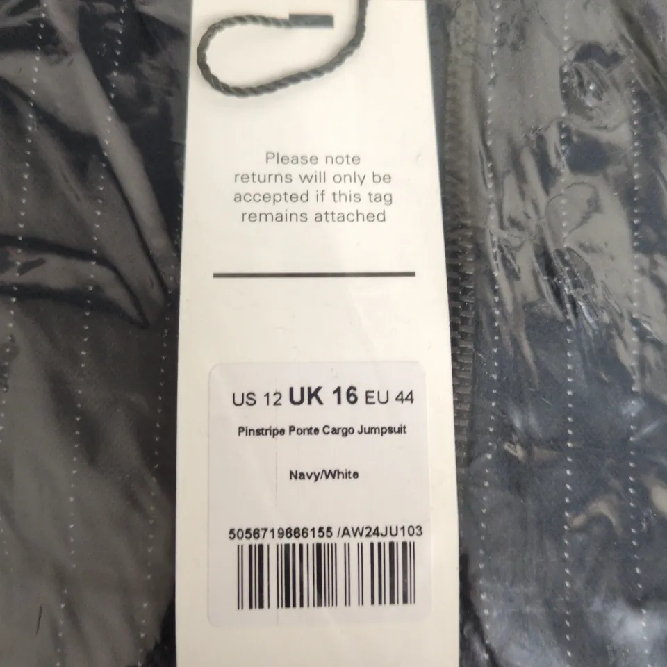 ME+EM PINSTRIPE PONTE CARGO JUMPSUIT – NAVY/WHITE, UK 16