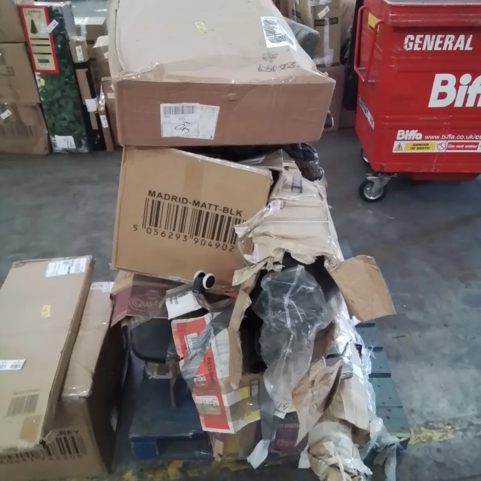 PALLET OF ASSORTED FURNITURE PARTS OFFICE AND HOUSEHOLD CHAIRS ETC.
