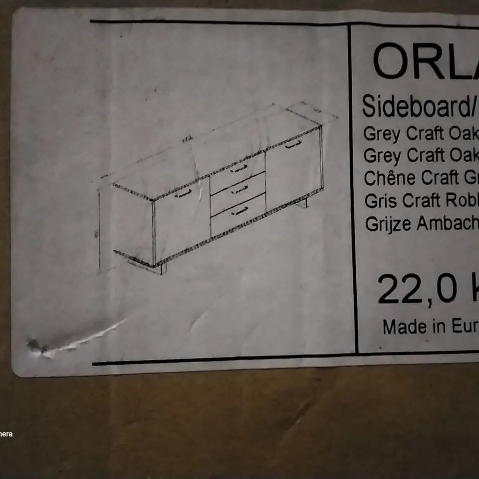 BOXED ORLANDO 4 SIDEBOARD IN GREY CRAFT OAK , INCOMPLETE BOX 2 ONLY , NO BOX 1