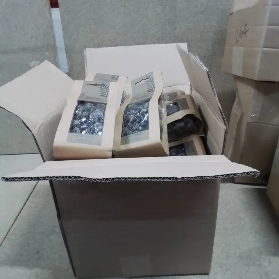 BOX CONTAINING LARGE NUMBER OF BAGGED AND SEALED NATURAL DECORATION INSPIRING NATURE 