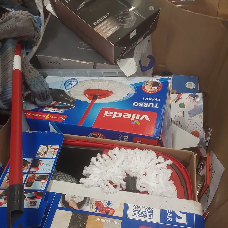 PALLET CONTAINING A VERY LARGE QUANTITY OF ASSORTED CONSUMER PRODUCTS INCLUDING: VILEDA MOP AND BRUSH SETS, IONIC HAIR DRYER, MINKY IRONING BOARD COVER ECT