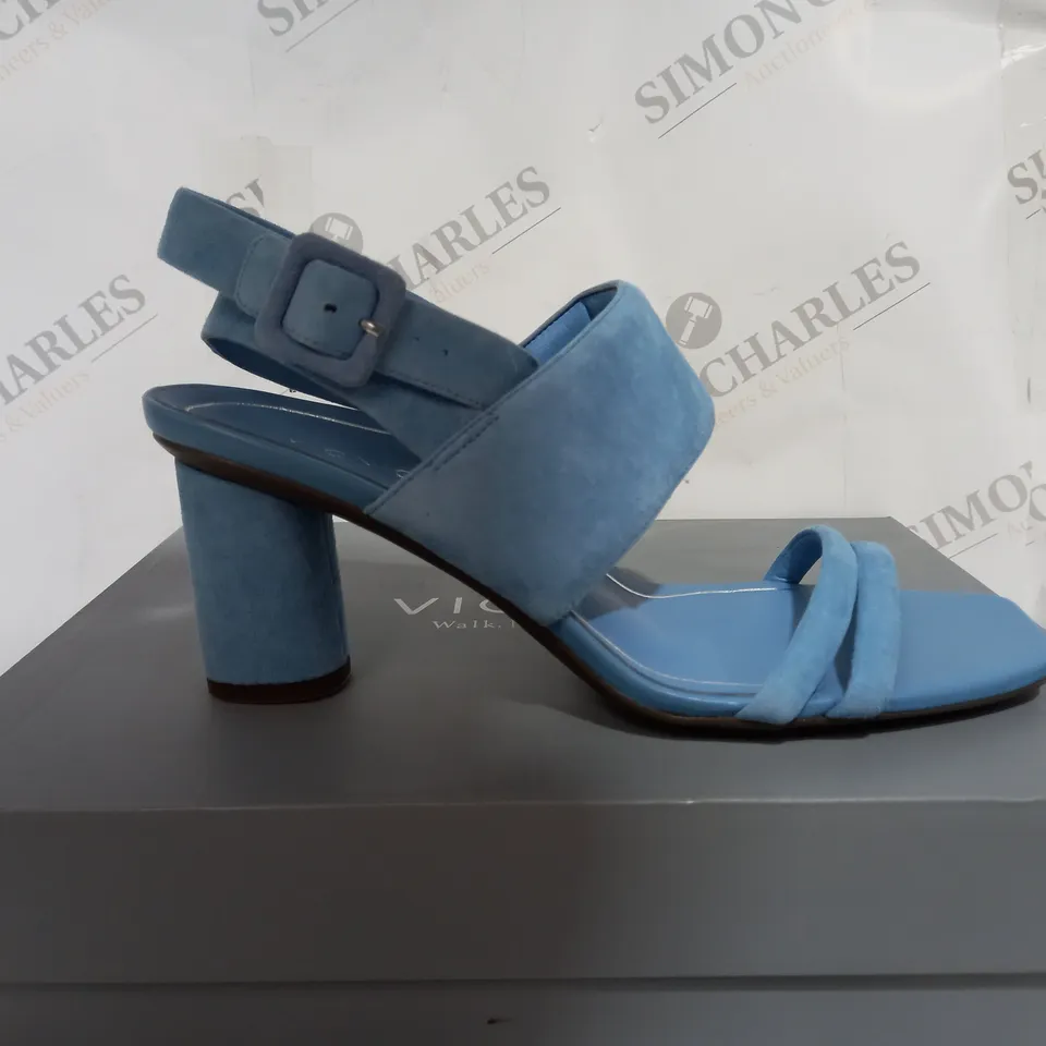 BOXED VIONIC BLUE OPEN TOE HIGH HEELS - SIZE 7