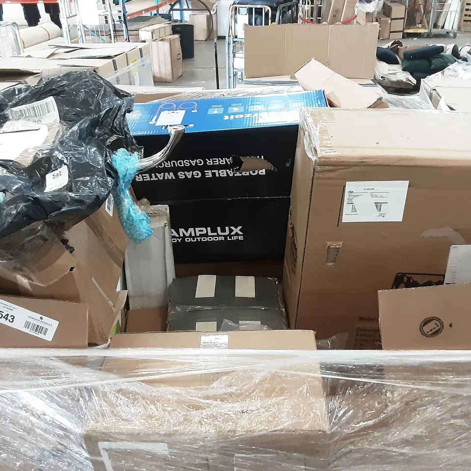 LARGE PALLET OF ASSORTED HOMEWARE ITEMS TO INCLUDE GARDEN POOL, PORTABLE GAS WATER HEATER, MULTIFUNCTIONAL CART ETC 