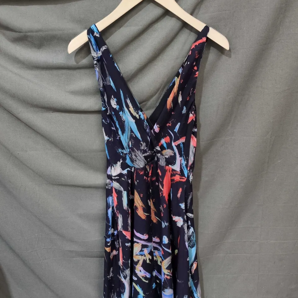 REISS WOMEN'S SLEEVELESS WRAP DRESS – ABSTRACT PAINT PRINT, NAVY SIZE 8 UK