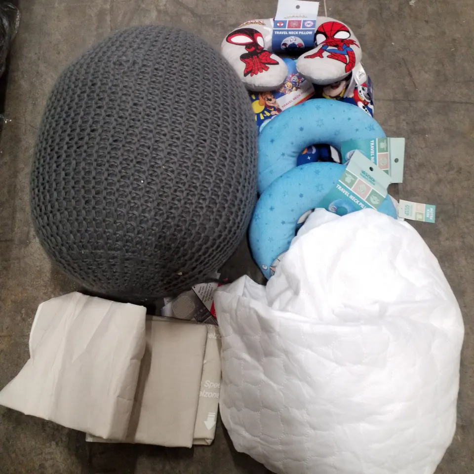 PALLET OF 2 BOXES CONTAINING ASSORTED PRODUCTS INCLUDING TRAVEL NECK PILLOWS, BED SHEETS, BEAN BAGS