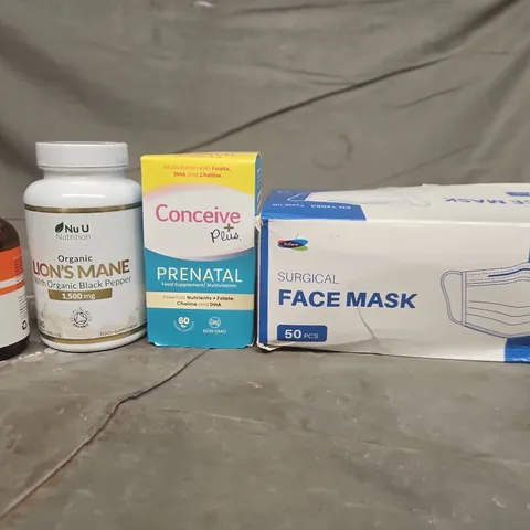 TOTE OF APPROXIMATELY 20 ASSORTED HEALTHCARE PRODUCTS TO INCLUDE FACE MASKS - CONCEIVE PLUS PRENATAL SUPPLEMENTS AND SYLK SERUM 