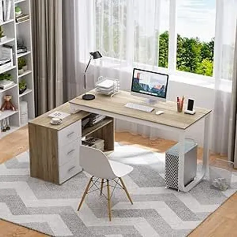 BOXED REVERSIBLE L-SHAPED COMPUTER DESK WITH 3 DRAWERS & 2 SHELVES