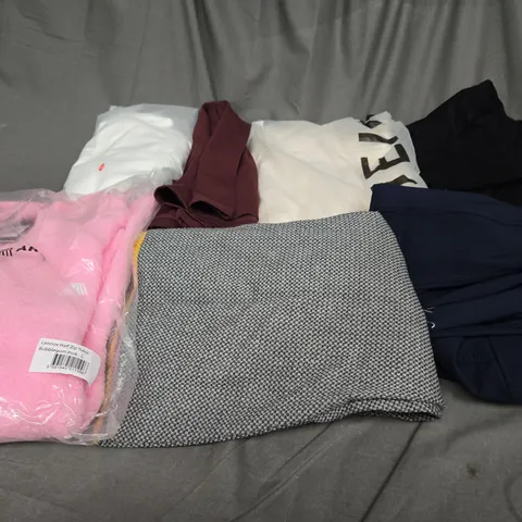 BOX OF ASSORTED CLOTHING ITEMS IN VARIOUS COLOURS, STYLE AND SIZES