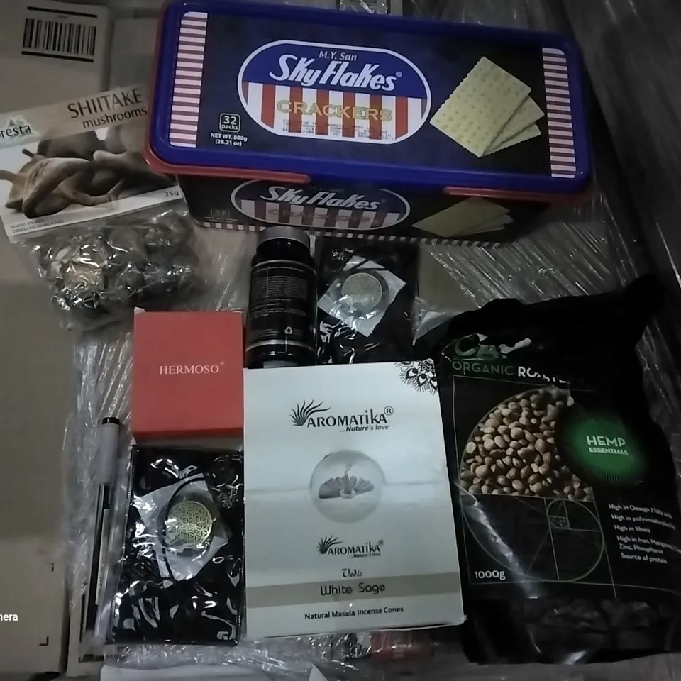 PALLET OF ASSORTED ITEMS INCLUDING SKY FLAKES CRACKERS, DRIED SHIITAKE MUSHROOMS, CHAKRA REIKI NECKLACE, THE CURATORS SALTED PORK PUFFS, GOOD SUPPLEMENTS, WHITE SAGE