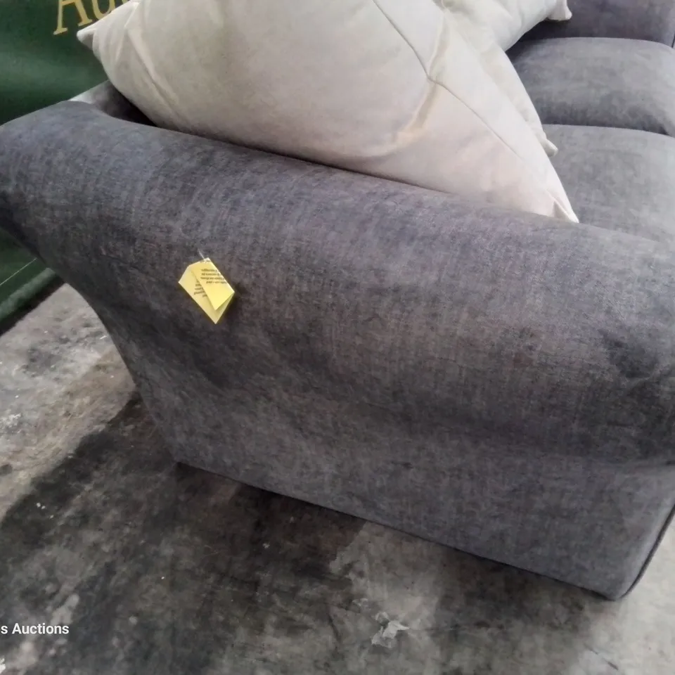 DESIGNER THREE SEATER SOFA GREY FABRIC WITH CONTRASTING SCATTER CUSHIONS