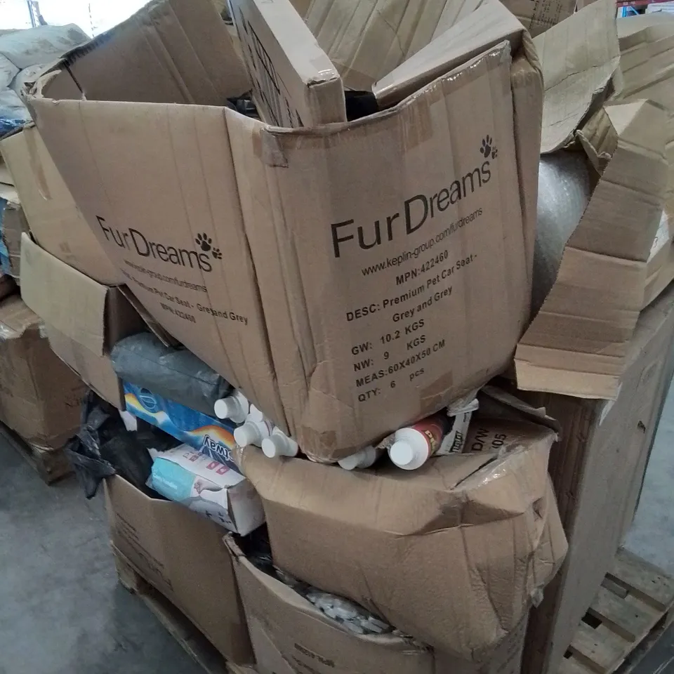 PALLET CONTAINING FOAM FLOOR TILES, SHOE RACKS, ANT KILLERS, BUBBLE WRAP ETC.