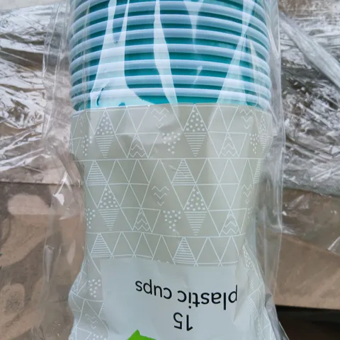 PALLET OF APPROXIMATELY 30 BOXES OF BLUE PLASTIC CUPS – REUSABLE, 15-PACK