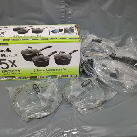 BOXED SCOVILLE NEVERSTICK 3PCE SAUCEPAN SET WITH LIDS IN BLACK