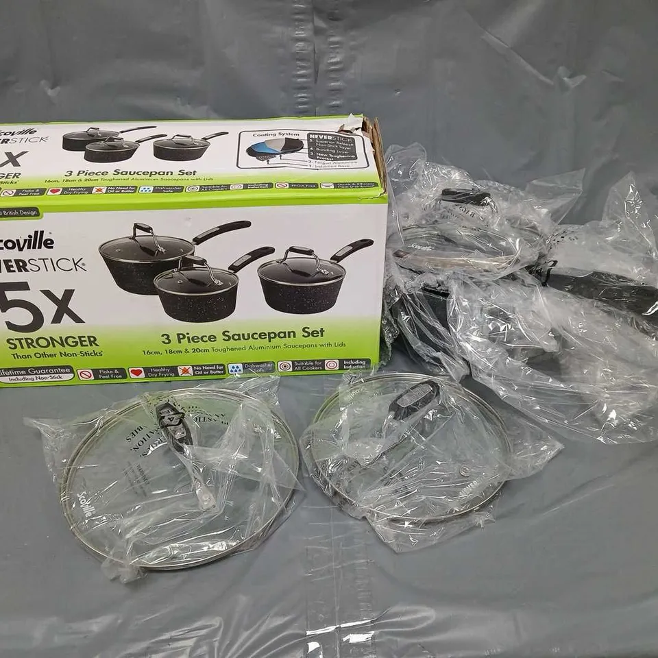 BOXED SCOVILLE NEVERSTICK 3PCE SAUCEPAN SET WITH LIDS IN BLACK
