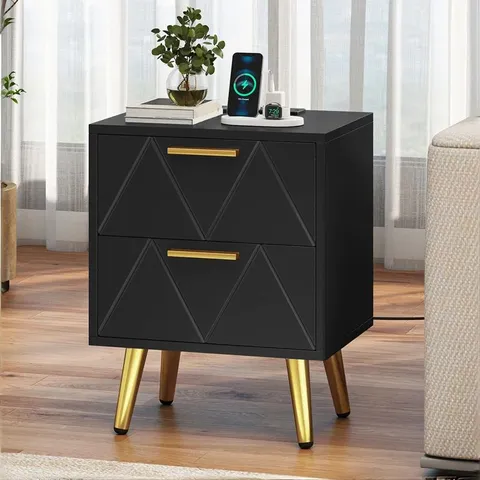 BOXED BEDSIDE TABLE WITH 2 DRAWERS AND POWER STATION, MODERN NIGHTSTAND