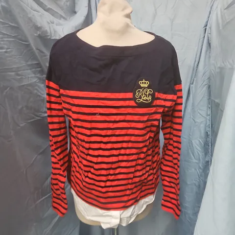 LAUREN RALPH LAUREN STRIPED LONG-SLEEVE TOP – NAVY & RED, UK SMALL (S)