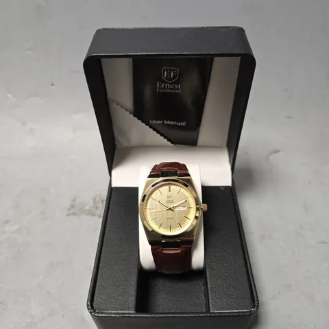 ERNEST FERDINAND WATCH – DAY DATE CALENDAR DIAL – LEATHER STRAP – 3ATM WATER RESISTANT - GIFT BOX