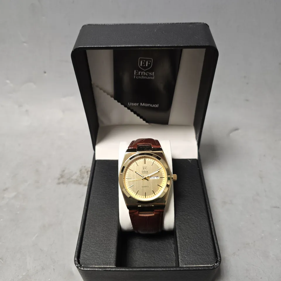 ERNEST FERDINAND WATCH – DAY DATE CALENDAR DIAL – LEATHER STRAP – 3ATM WATER RESISTANT - GIFT BOX