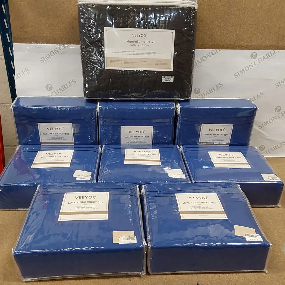 BOX OF 8X VEEYOO LUXURIOUS BED SHEET SETS IN BLUE - SIZE KING, 1X VEEYOO BEDSPREAD COVERLET SET - BLACK, SIZE SINGLE (1 BOX)