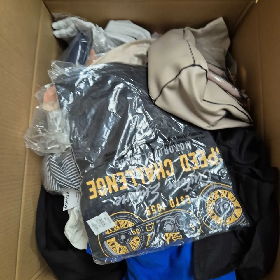 LARGE BOX OF APPROXIMATELY 25 ASSORTED CLOTHING ITEMS IN VARIOUS COLOURS, STYLES AND SIZES - COLLECTION ONLY