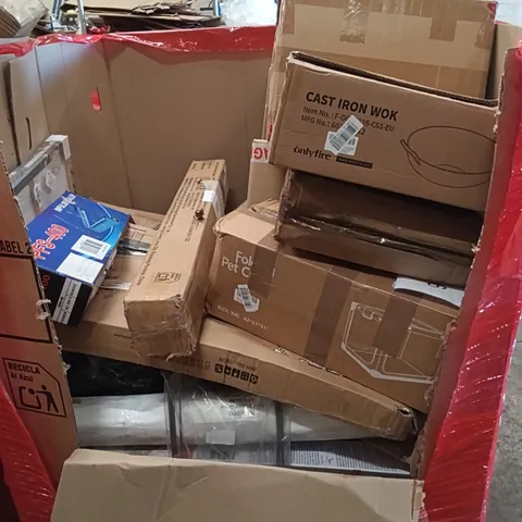 PALLET OF ASSORTED HOUSEHOLD GOODS AND PRODUCTS TO INCLUDE; IRON WOK, IMPULSE SEALER, BOXED FURNITURE ETC