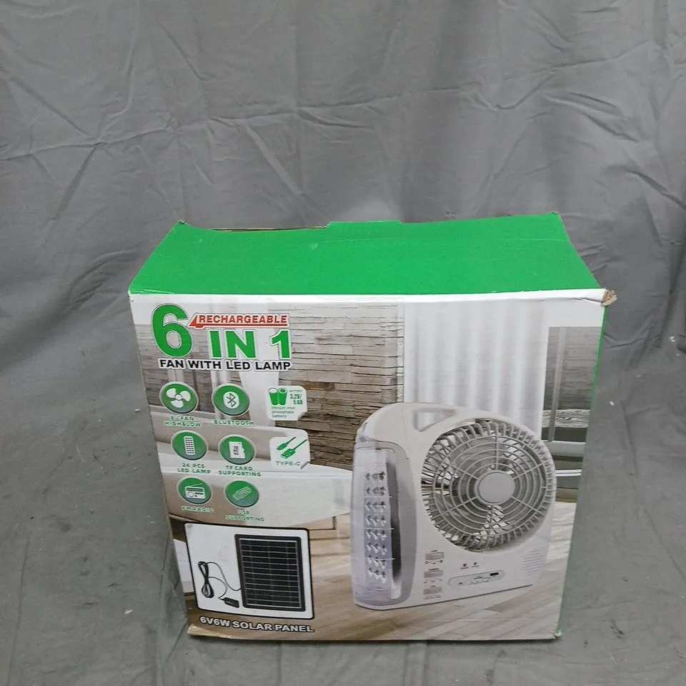 6-IN-1 RECHARGEABLE FAN WITH LED LAMP – SOLAR-POWERED (BOXED)